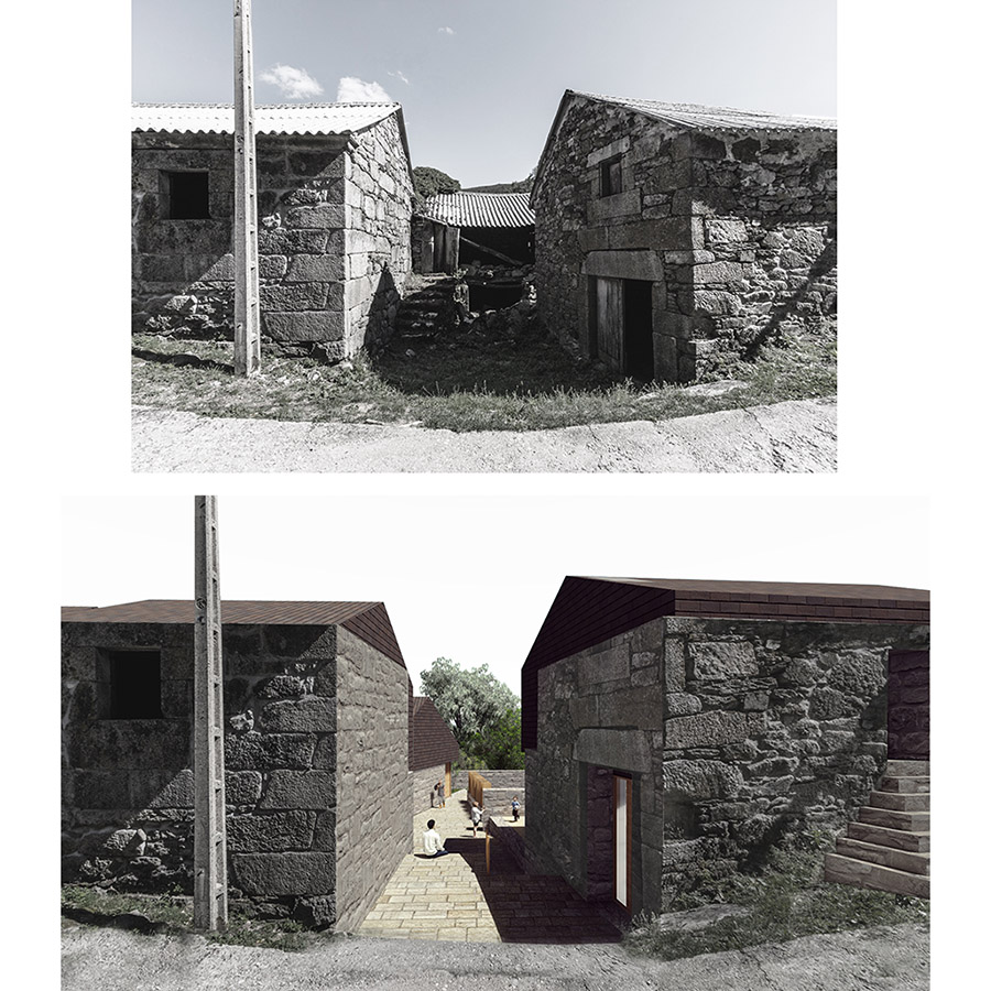 COANDA PASSIVHAUS - concurso de arquitectura - centro social passivhaus en Padornelo - render antes y despues