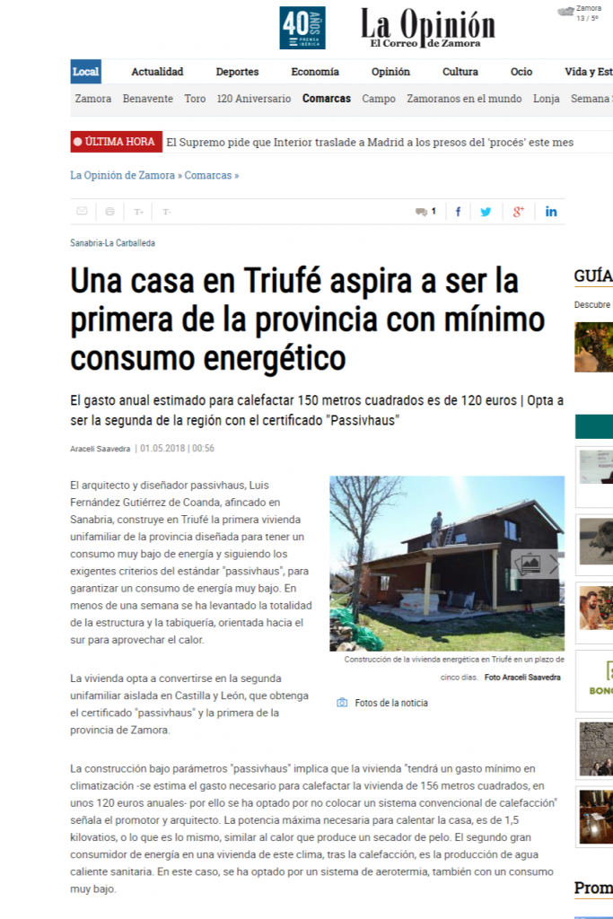 coanda passivhaus - divulgacion en medios - casa pasiva de triufe en el periódico